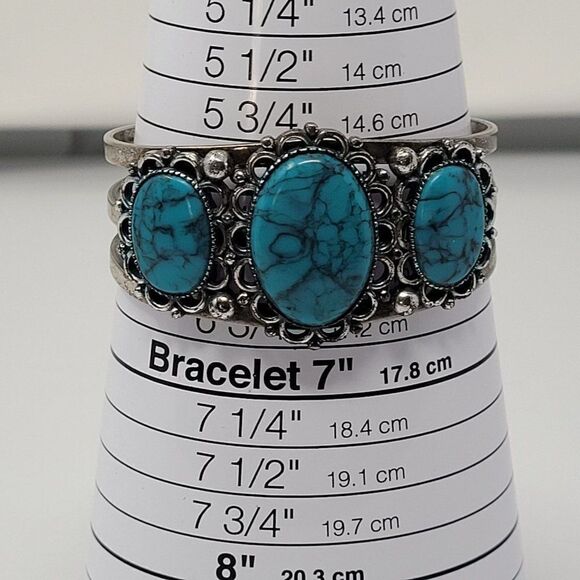 Vintage 90's Silver Tone Faux Turquoise Filigree Cuff Bracelet Southwestern Boho - Picture 3 of 8